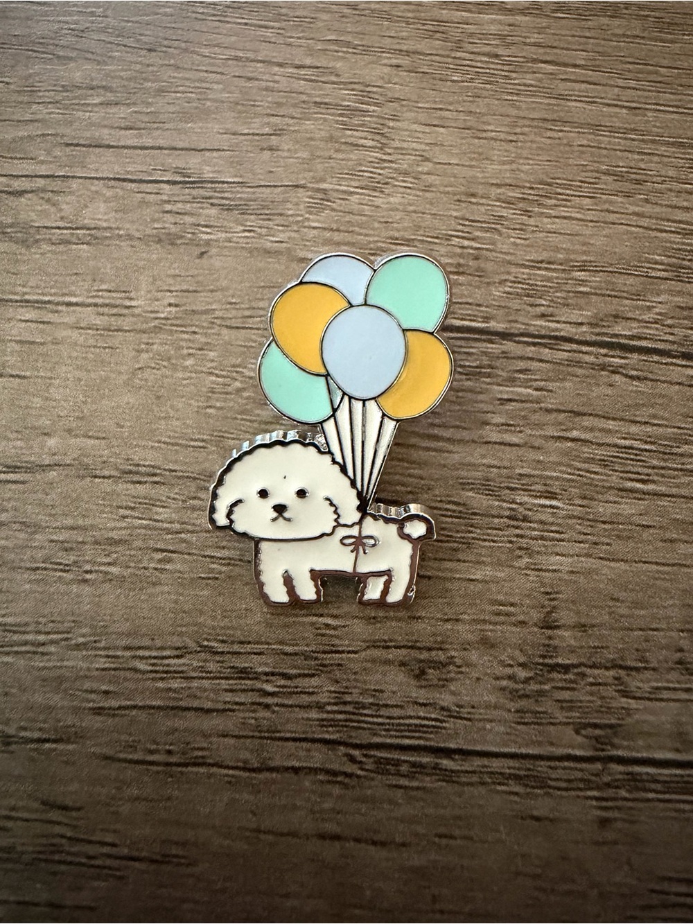 Cute White Dog Enamel Pin with Colorful Balloons